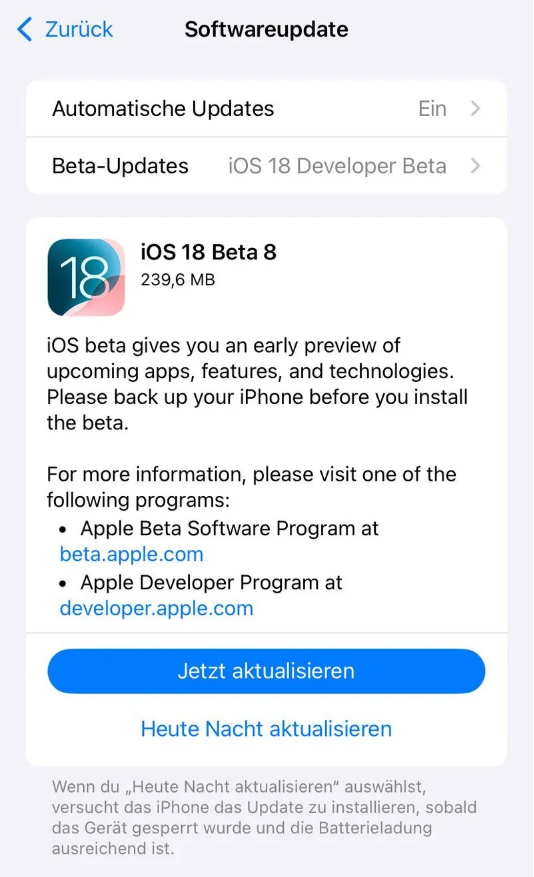 息县苹果手机维修分享苹果 iOS / iPadOS 18 开发者预览版 Beta 8 发布 